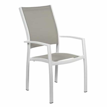 Scaun cu spătar înalt Etna, structură din aluminiu, șezut și spătar înlocuibil, stivuibil, cotiere integrate, rezistent la exterior